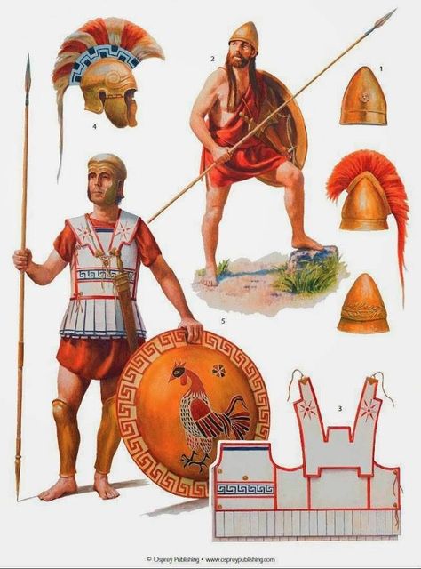 Two Peloponnesian era-hoplites. At the top right, a Spartan sporting the locks that Lakedaemonians are famous for, as well as a pilos helm. The bottom left portrays a hoplite in a standard tube and yoke with a Chalcidian helmet, and bearing a cockerel as his episemon, which could show him as being a native of Amyklai. The description of the art however, identifies him as a perioikoi. Art by Steve Noon Ancient Greek Soldier, Greek Soldier, Osprey Publishing, Army Poster, Classical Greece, Hellenistic Period, Greek Warrior, Rome Antique, Ancient Warfare