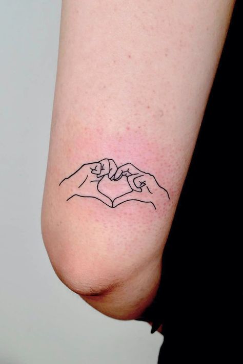 Heart Shaped Hands Tattoo, Heart Shape Tattoo Design, Heart Hand Tattoos For Women, Heart Tatoos Woman Hand, Heart Emoji Tattoo, Hand Gesture Tattoo, Heart Hands Tattoo, Half Heart Tattoo, Matching Heart Tattoos