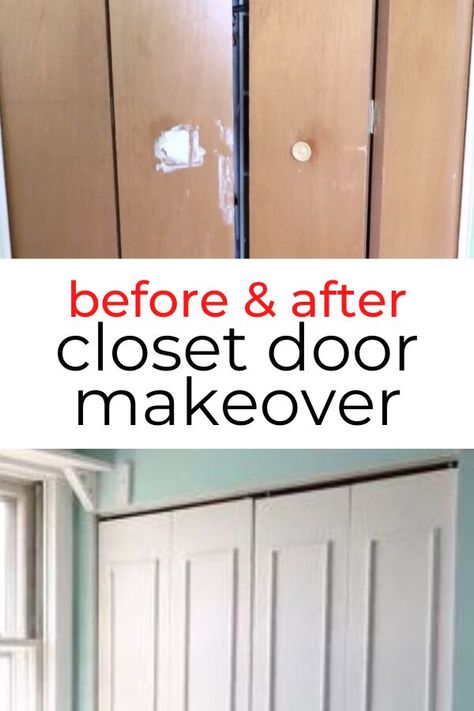 Quick bi-fold closet doors update on a budget. How to add molding to old closet doors. DIY old closet wood door upgrade. #closetupdate #closetdoormakeover Molding On Closet Doors, Change Bifold Doors To Regular Doors, Upgrade Bifold Closet Doors, Wood Closet Doors, Old Closet Doors, Folding Closet Doors, Bifold Doors Makeover, Cheap Closet, Diy Closet Doors