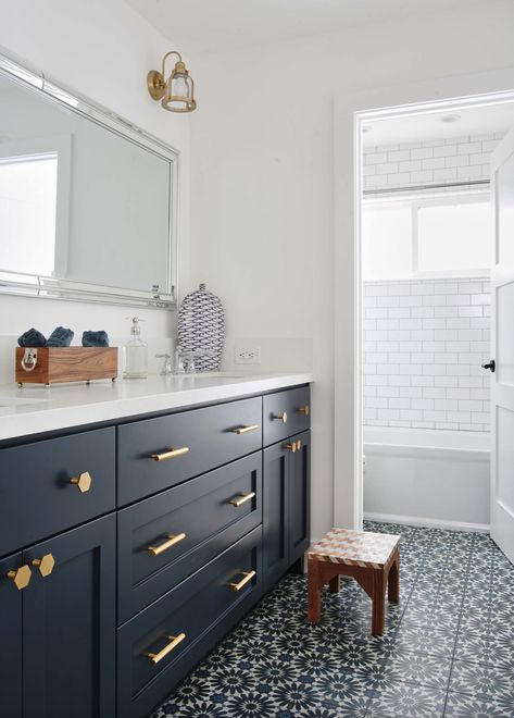 Blue White Bathrooms, Blue Floor Tile, Beach Style Bathroom, Relaxing Bathroom, Ranch Remodel, White Bathroom Designs, Blue Vanity, White Wall Tiles, White Tile Floor