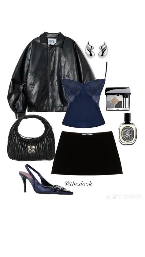 Date Night, Leather Jacket, Skirt, Boots, Leather, Blue, Black