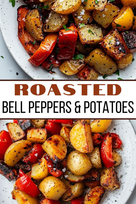 Oven Roasted Potatoes and Bell Peppers with Just 3 Ingredients Roasted Bell Peppers And Onions, One Pan Potatoes And Veggies, Easy Oven Roasted Vegetables, Veggies And Potatoes In Oven, Potato Peppers Onions, Carrot And Bell Pepper Recipes, Oven Roasted Red Peppers, Roasted Vegetables With Potatoes, Oven Roasted Potatoes And Peppers