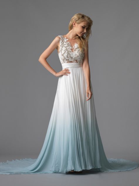 Princess/A-Line Gown by The Wedding Present (#3502) - The Wedding Dress - SingaporeBrides Dip Dye Wedding Dress, Court Train Prom Dress, Dye Wedding Dress, Ombre Wedding Dress, Blue Wedding Dress, Colored Wedding Dress, Beach Wedding Gown, Ombre Wedding, Blue Wedding Dresses