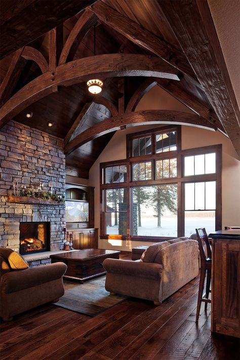 Large Cabin Living Room, Large Cabin Interiors, Vaulted Living Room Windows, Cathedral Ceiling Windows, Cabin Feel Home, Vaulted Ceiling Cabin, Tudor Cabin, Winter Cabin Living Room, Lodge Style Homes