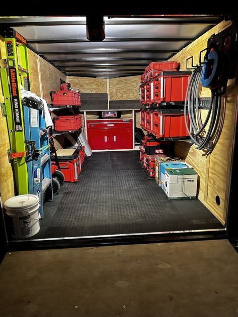 Enclosed Trailer Shop Ideas, Milwaukee Packout Trailer, 6x12 Enclosed Trailer Ideas, Cargo Trailer Organization, Cargo Trailer Storage Ideas, Enclosed Trailer Ideas Tools, Cargo Trailer Shelving Ideas, Work Trailer Organization, Enclosed Trailer Shelving Ideas