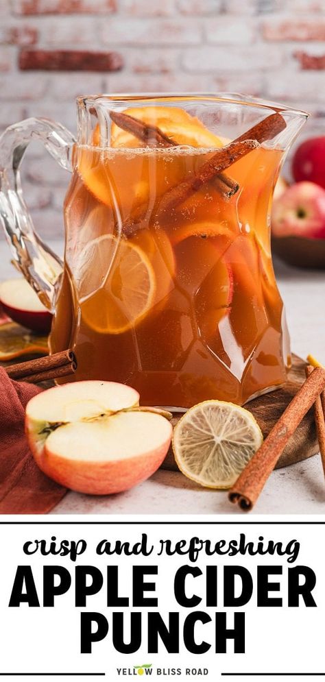 Apple Cider Punch is crisp, refreshing, and full of fall flavors with a delicious combination of apple cider, ginger ale, and lemon. Apple Cider Ginger Beer Mocktail, Thanksgiving Cider Punch, Apple Juice Drinks Non Alcoholic, Apple Cider Punch Non Alcoholic, Iced Apple Cider, Apple Cider Recipes, Apple Cider Punch Recipes, Thanksgiving Cider, Thanksgiving Apple Cider