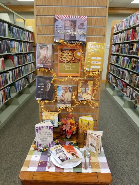 Feast on Books library display Thanksgiving Library Book Displays, Cookbook Library Display, Thanksgiving Book Display, Bookstore Design, Interactive Displays, Thanksgiving Books, Library Bulletin Board, Library Display Ideas, Library Book Displays