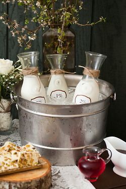 WEDDING EATS -  keep the cream or half & half for the coffee cold...or just as larger serving containers! Coffee Bar Wedding, Buffet Party, Cereal Bar, Coffee Wedding, Brunch Buffet, Milk Bar, Brunch Wedding, Brunch Party, Breakfast Buffet