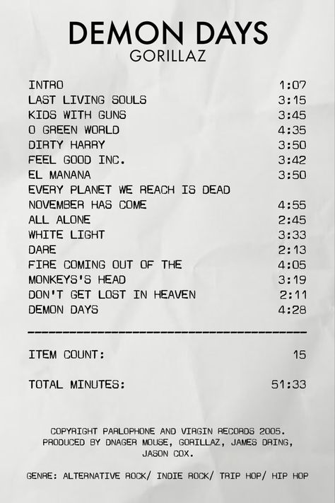 Music Poster Gorillaz, Gorillaz Receipt, Band Receipts, Music Reciepts, Music Receipts, Gorillaz Albums, Album Receipt, Gorillaz Demon Days, Demon Days