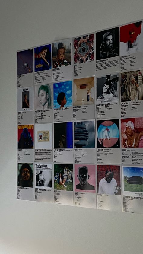 Music Wall Bedroom Album Covers, Music Posters Room Decor, Music Artist Wall Decor, Framed Albums On Wall, Album Cover Wall Decor Aesthetic, Dorm Wall Collage Ideas, Music Album Wall Decor, Album Covers On Wall, Albums On Wall