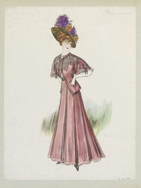 Phénicienne | Jeanne Paquin | V&A Explore The Collections 1900’s Fashion, Jeanne Paquin, Pink Costume, Pink Evening Dress, Dress History, Afternoon Dress, Edwardian Dress, 20th Century Fashion, Purple Hats