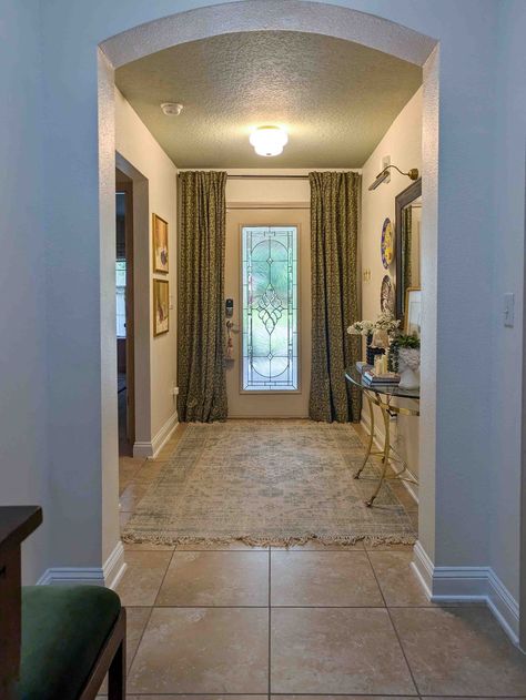 A Doorway Makeover: Why You Should Consider a Curtain on Your Front Door — House by the Preserve Decor Next To Front Door Inside, Front Door Curtain Ideas Entrance, Entry Way Curtain Ideas, Open Doorway Ideas, Door Curtain Ideas Entrance, Front Door Curtain Ideas, Curtains Over Front Door, Door Curtain Ideas, Front Door Curtain