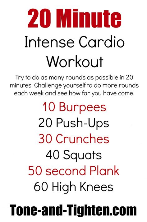 20 Minute Cardio Workout from Tone-and-Tighten.com. How many rounds can you do in 20 mins? #challenge #workout #fitness Intense Cardio Workout, Workout Planner, Cardio Training, Ferrari 488, Fitness Challenge, Trening Pilates, Travel Workout, Diet Keto, Band Workout