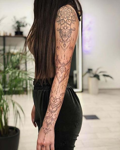 Mandala Tattoo Sleeve Women, Lace Sleeve Tattoos, Mandala Arm Tattoos, Mandala Tattoo Sleeve, Lace Tattoo Design, Boho Tattoos, Stylish Tattoo, Forearm Tattoo Women, Lace Tattoo