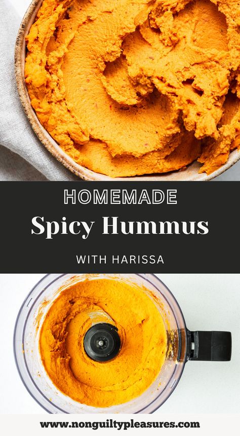 This homemade spicy hummus recipe is creamy and flavourful. Made with just a few simple ingredients, the easy hummus dip is an instant crowd-pleaser. Serve it as a spread for wraps and sandwiches or as a dip for veggies and chips. This vegan and gluten-free snack takes just minutes to make and will have your guests obsessing over its delicious taste. This hummus recipe uses fragrant harissa paste, but you can also use sriracha or chipotle sauce for the best spicy homemade hummus! Spicy Hummus Recipe, Wraps And Sandwiches, Hummus Salad, Hummus Pasta, Spicy Hummus, Hummus Ingredients, Tahini Paste, Hummus Dip, Harissa Paste