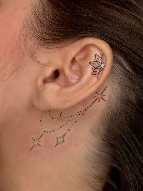 Ear Tattoo With Piercing Flowers, Ear Piercing Tattoo Ideas, Helix Tattoo Ideas Ear, Female Ear Tattoos, Witchy Behind Ear Tattoo, Earring Tattoos For Women, In Front Of Ear Tattoos For Women, Women Ear Tattoos, Ear Tattoo Inner Flower