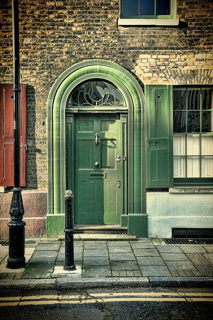 Behind the green door - Spitalfields classic door by ian_fromblighty, via Flickr Emerald Green Front Door Brick House, Red Brick Yellow Door, London Yellow Brick, Stephens Green Dublin, Yellow Brick Houses, Behind The Green Door, Victorian Bar, Kerb Appeal, Period Living