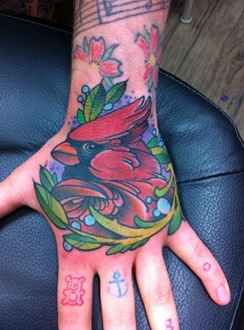 cardinal - Deadly Intentions, Inc. Cardinal Tattoo, Cardinal Tattoos, Tattoo Hand, Sleeves Ideas, Hand Tattoo, Mom Tattoos, Birds Tattoo, Future Tattoos, Maple Leaf Tattoo