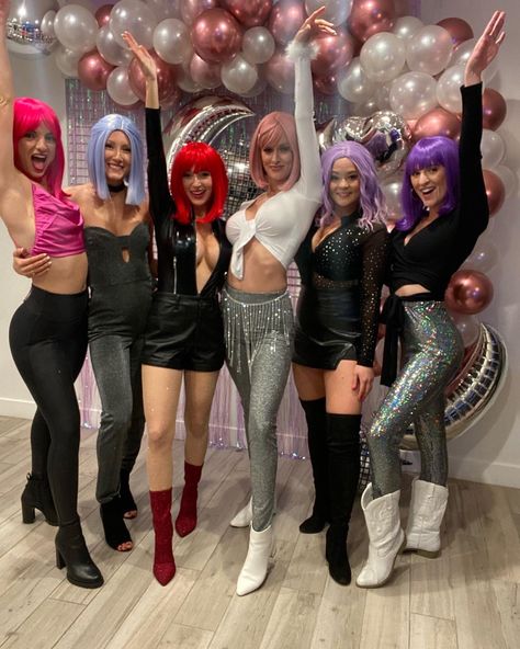 Scottsdale, AZ bachelorette party wig night Disco Wig Party, Bachelorette Wigs Party, Wig For Bachelorette Party, Party Wig, Disco Wig Bachelorette Party, Bachelorette Neon Night, Vegas Party Outfit Ideas, Wigs Party Theme, Rave Theme Bachelorette Party