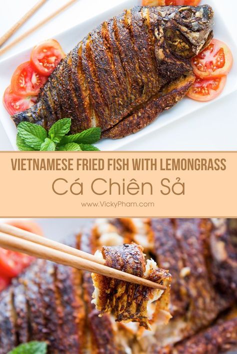 Simple Vietnamese Fried Fish with Lemongrass Recipe Lemongrass Recipes, Whole Fish Recipes, Fish Fried, Viet Food, Fried Fish Recipes, Vietnam Food, Tilapia Recipes, How To Cook Fish, Vietnamese Cuisine