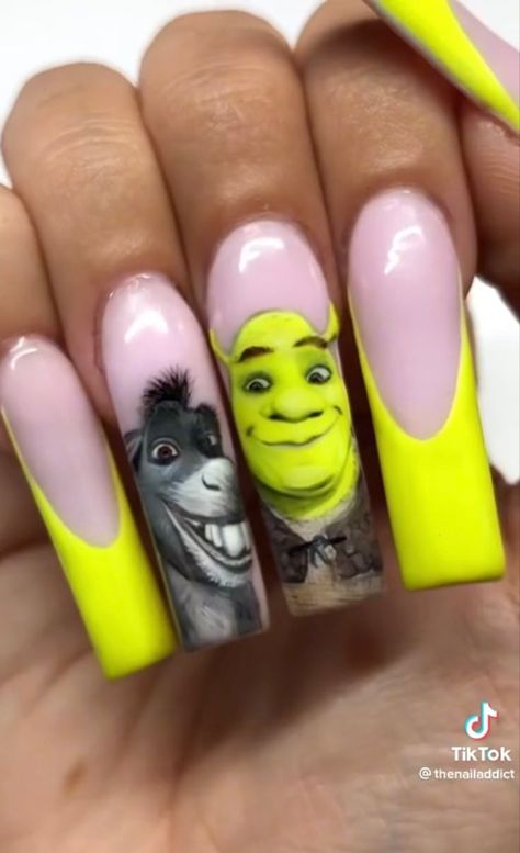 Shrek Nails Acrylic, Shrek Themed Nails, Shrek Nail Art, White Tip Acrylic Nails, Nails Packaging, Alice In Wonderland Nails, Wonderland Nails, Funky Nail Designs, Cartoon Nails