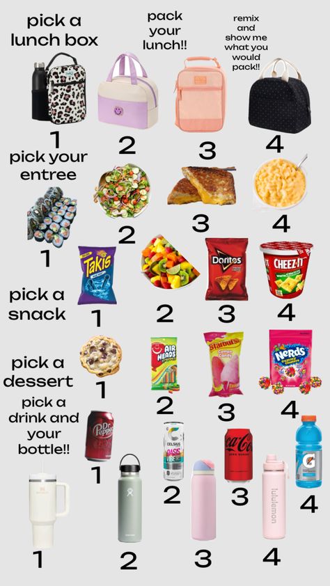 Your packing a lunch and you have a ton of different options!! Remix and show me what you would pack in your lunch for school or work!!🌸☀️🧿💕🥥⚡️✝️🩰🤸‍♀️🍄🦋 How To Pack School Lunch, How To Pack A Lunch, Stuff To Pack For Lunch, What To Pack For School Lunch Ideas, Choose Your Lunch, Pack Lunch Ideas For Teens, Pick Your Lunch, Make Your Lunch, What To Pack For School Lunch