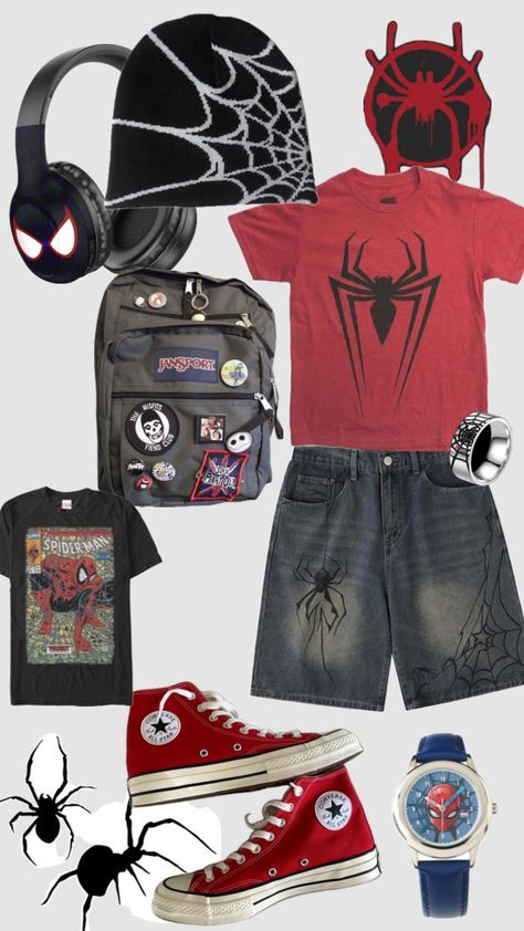 Spider Punk Outfit, Punk Outfit Ideas, Cryptidcore Outfit, Y2k Outfits Men, Punk Outfit, Spiderman Outfit, Spider Punk, Fits Streetwear, Man Outfit