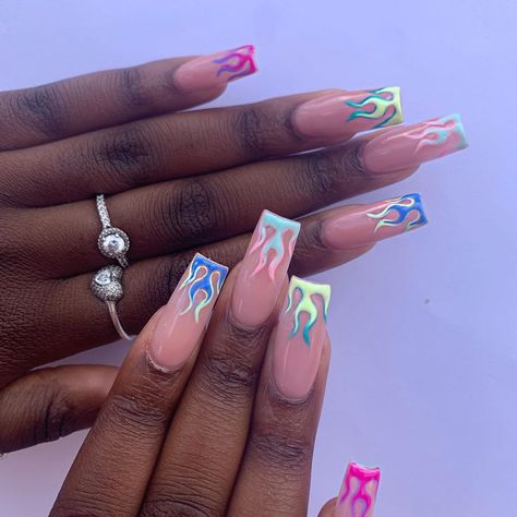 Nail Ideas Flames, Colorful Flame Nails, Diamond Nail Designs, Flame Nails, Flame Nail Art, Black French Tips, Nail Prep, Blue Nail Designs, Polish Colors