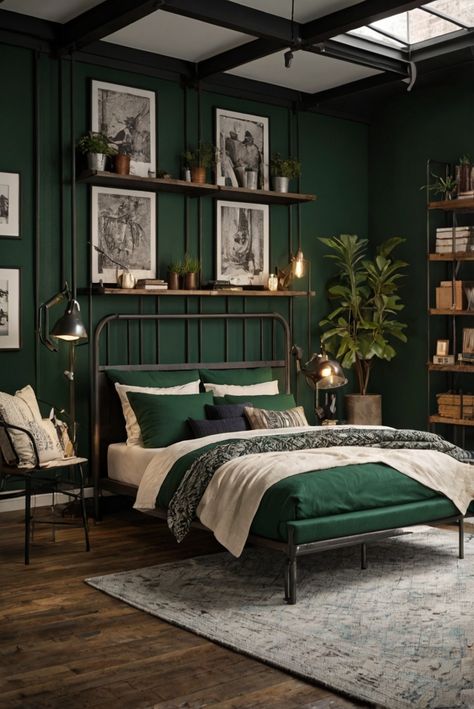 Discover the secret to creating a stunning bedroom decor by mastering the art of balancing bold accents with neutrals. Dive in to elevate your space. #ad     #Colortrend #wallpaint2024  #color2024  #DIYpainting  ##DIYhomedecor  #Fixhome Bedroom Inspirations Green Wall, Dark Green Cottagecore Bedroom, Black Green Gold Bedroom, Dard Hunter Green, Brown And Green Bedroom, Green And Gold Bedroom, Hunter Green Bedrooms, Bedroom Inspirations Green, Dark Green Home