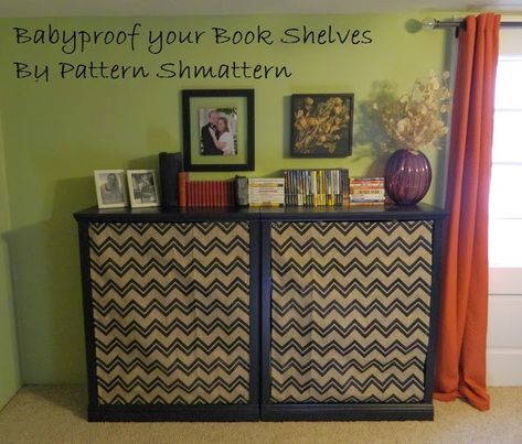 Fabric Panels to Baby Proof your Bookshelf-- By Pattern Shmattern.  Thinking to cover my open shelf tea cabinet, with a pretty Asian fabric. Bookshelf Cover, Redo House, Speech Classroom, Toddler Proofing, Shelf Cover, Baby Proof, Asian Fabric, Yummy Mummy, Printing On Burlap