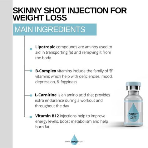 Read in detail about Skinny Shot Injection Ingredients for weight loss by visiting VITAstir website Lipotropic Injections, Vitamin Injections, Vitamin B12 Injections, B12 Injections, Improve Energy Levels, L Carnitine, Wellness Clinic, Iv Therapy, Vitamin B Complex