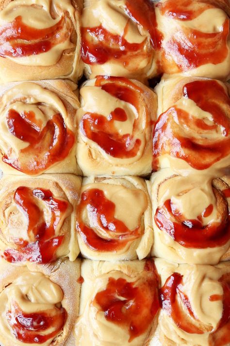 PB&J Cinnamon Rolls - The Candid Appetite Peanut Butter Icing, Sweet Roll Recipe, Sweet Dough, Strawberry Jelly, Sweet Rolls, Peanut Butter And Jelly, Cinnamon Rolls Homemade, Peanut Butter Jelly, Sweet Roll