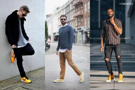 How to Wear Yellow Shoes - Yellow Shoes Outfits for Men and Women Yellow Chinos Men Outfit, Yellow Sneakers Outfit, Yellow Heels Outfit, Purple Shoes Outfit, Yellow Shoes Outfit, Yellow Dress Shoes, Neon Yellow Shoes, Mustard Shoes, Yellow Converse