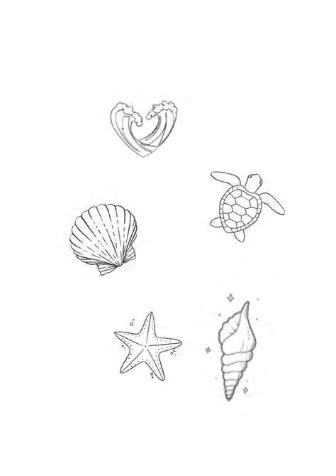 Seashell Minimalist Tattoo, Ocean Arm Tattoos For Women, Starfish Fine Line Tattoo, Small Starfish Tattoo Simple, Beachy Small Tattoos, Fine Line Sea Shell Tattoo, Star Fish Tattoo Design, Small Sea Life Tattoos, Seashell Drawing Simple