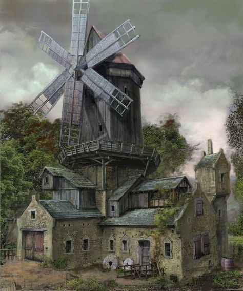 Concept Art Medieval, Medieval Windmill, Bridges Architecture, Windmill Art, Warhammer Fantasy Roleplay, Old Windmills, Conceptual Drawing, Windmill Design, Medieval Architecture