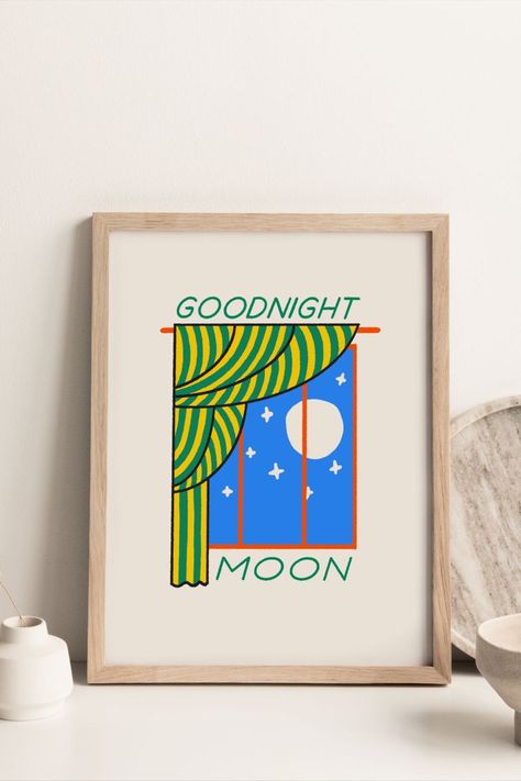 Visit my Etsy shop for more products like this! https://www.etsy.com/shop/StudioVeit?ref=seller-platform-mcnav Goodnight Moon Art, Goodnight Moon Nursery, Goodnight Moon, Goodnight Moon Book, Nursery Illustration, Moon Book, Moon Nursery, Moon Art Print, Baby Room Art