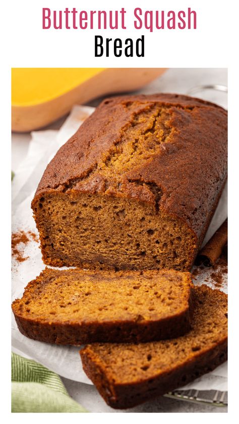 This homemade Butternut Squash Bread is deliciously moist and so simple to make! Made with butternut squash puree, warm spices, and a hint of orange, it boasts all the wonderful flavors of Autumn. This may just become your new favorite fall treat! Butternut Squash Quick Bread, Butternut Squash Cornbread, Butternut Squash Bread Recipe, Butternut Squash Dessert Recipes, Recipes Using Butternut Squash, Bread Recipe No Mixer, Quick Butternut Squash, Squash Rolls, Squash Bread Recipe