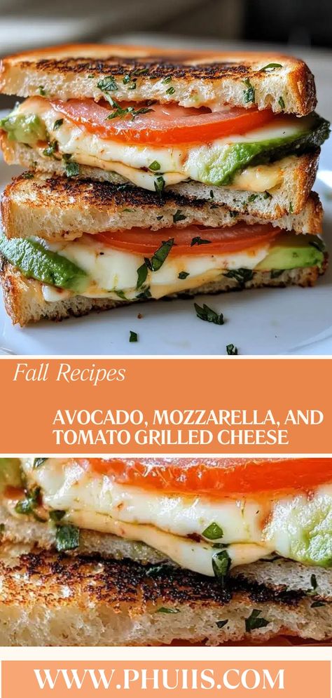 This Avocado, Mozzarella, and Tomato Grilled Cheese is a delightful twist on the classic grilled cheese sandwich, combining creamy avocado, gooey mozzarella, and fresh tomatoes for a flavor explosion. Tomato Avocado Grilled Cheese, Swiss Grilled Cheese, Tomato Grilled Cheese, Avocado Grilled Cheese, Mozzarella And Tomato, Gourmet Grilled Cheese, Classic Grilled Cheese, Everything Pumpkin, Baked Treats