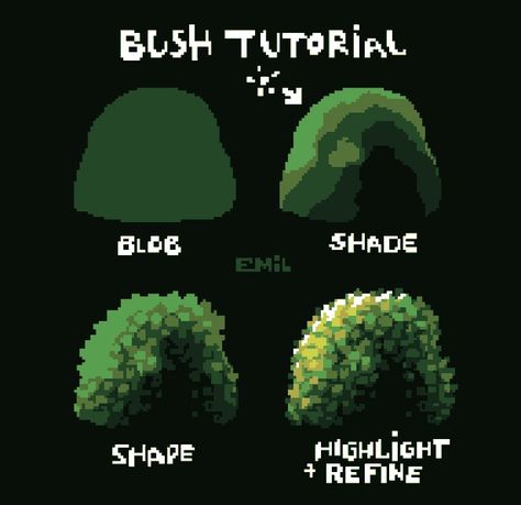 Emil en X: "Bush Tutorial #pixelart Should I do more like this one? https://t.co/GdFh1swXce" / X Pixel Art Foliage, Bush Tutorial, Pixel Tutorial, How To Pixel Art, Charlie Charlie, Pixel Art Landscape, Game Textures, Pixel Art Tutorial, 2d Game Art