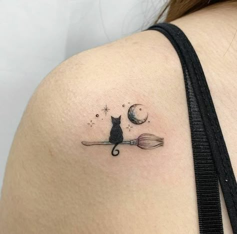 Vintage Cat Tattoo Ideas, Cat Broom Tattoo, Girlie Tattoos, Black Cat Tattoos, Witch Tattoo, Tasteful Tattoos, Cat Tattoo Designs, Cat Tattoos, Small Hand Tattoos