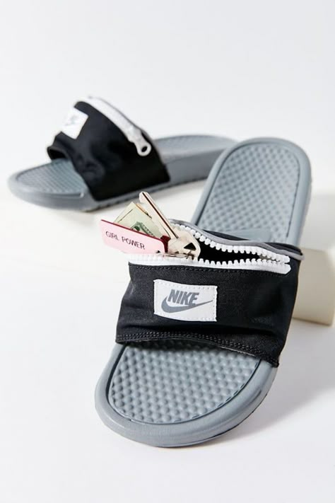 Nike Slide Sandals, Rose Gold Adidas, Female Footwear, Nike Benassi, Nike Slides, Minimalist Shoes, Shoes Ideas, Zipper Pouches, Nike Shoes Women