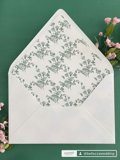 Off-white European flap (v-flap) Envelope with forest green wildflower floral pattern envelope liner Floral Envelope Liner, Peony Pattern, Envelope Pattern, Lined Envelopes, Congratulations To You, Weddings By Color, Envelope Liner, Save The Dates, Envelope Liners