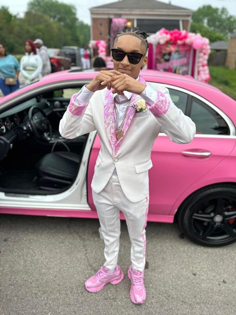 Pink Prom Fits Men, Sneaker Ball Attire For Men, Prom Suit Ideas For Men, White And Pink Prom Suit, Studs In Suits For Prom, Pink Prom Tuxedo, Pink Prom Suits For Men, Best Prom Suits For Men, Prom Suit Designs