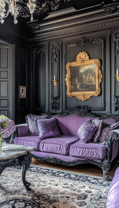 Elegant black details with a BIG pop of lavender. Inspo to use a color other than pink or red. Victorian Goth Bedroom, Estate Living Room, Purple Ceiling, Witchy Bedroom, Dollhouse Makeover, Victorian Room, Lavender Room, Gothic Dollhouse, Goth Bedroom