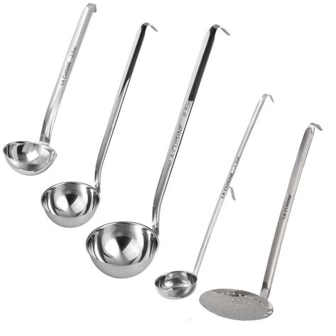 PRICES MAY VARY. Made of 18/10 (SUS304) stainless steel 5 PCS SOUP LADLES & SKIMMER SET – Includes 1.5 OZ, 2.5 OZ, 5.0 OZ, 8.5 OZ & 4.5” Dia. Skimmer Long, strength handle keeps you safe from hot soups With hook handle is convenient for storage Perfect complement with your stockpots and fryers. Dishwasher Safe La Cuisine Premium Kitchen Utensil is made of first class stainless steel (SUS304) and robust, that is the perfect kitchen tool for line cooks and professional to facilitate pouring and me Big Spoon, Soup Ladle, Slotted Spoons, Ladles, Stainless Steel Dishwasher, Hot Soup, Spoon Set, Kitchen Utensils Gadgets, Serving Spoons