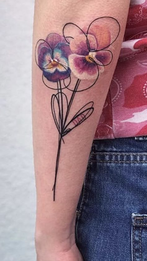 Artsy pansy tattoo Phoebe Tattoo, Jessie Tattoo, Flower With A Face, Pansy Flower Tattoo, Pansy Tattoo, Violet Flower Tattoos, Ring Tattoo Designs, Art Nouveau Tattoo, Vegas Tattoo