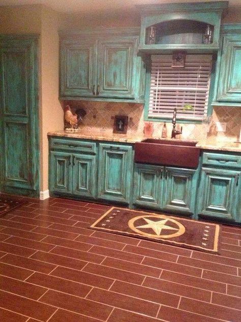 distressed turquoise cabinets Teal Kitchen Cabinets, Turquoise Cabinets, Cocina Shabby Chic, Turquoise Kitchen, Teal Kitchen, Rustic Kitchen Cabinets, Casa Country, Farmhouse Kitchen Cabinets, Kitchen Cabinets Decor