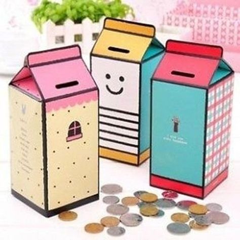 Diy Coin Bank, Milk Bottle Diy, Money Saving Box, Pretty Storage, Savings Box, Events Ideas, Milk Box, Diy Money, Money Bank