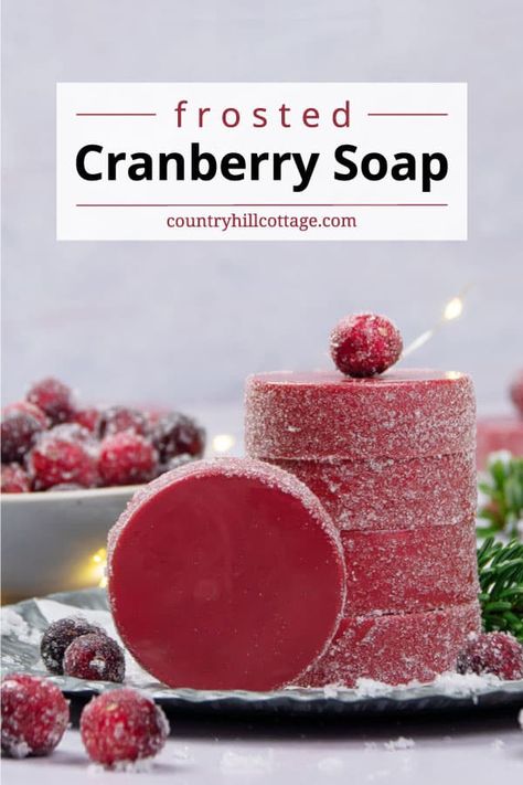 Add luxury to your skincare with a sparkly DIY frosted cranberry soap! The natural melt-and-pour soap recipe is infused with cranberry seed oil that is guaranteed to soothe and pamper dry skin. Essential oils provide a delicious, all-natural fragrance reminiscent of cranberry sauce. If you dream of homemade cranberry soap, this step-by-step tutorial will help you learn how to make frosted cranberry soap bars. It’s a fantastic handmade gift idea for the holiday season. | CountryHillCottage.com Skin Essential Oils, Cranberry Soap, Frosted Cranberry, Diy Body Scrub Recipes, Crafts 2023, Easy Soap Recipes, Spa Recipes, Diy Soap Recipe, Handmade Soap Recipes