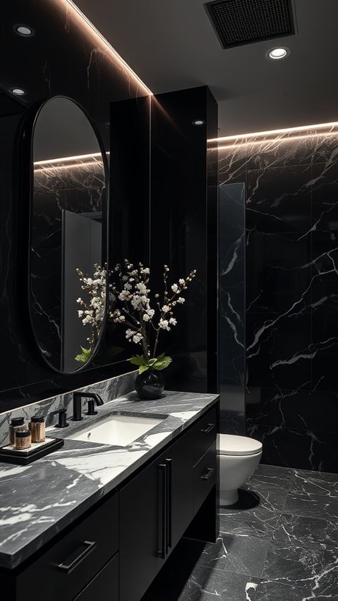 Transform your space with these 15+ Black Bathroom Decor Ideas that effortlessly blend sophistication and modern elegance. Discover how incorporating black elements can add both drama and style to any bathroom, making it a chic sanctuary. Black Marble Floor Bathroom, Dark Aesthetic House Interiors, Dark Home Decor Modern, Marble And Black Bathroom, Black Counter Bathroom, Black Interior Home, Black Themed Bathroom, Dark And Moody Bathrooms, Dark Marble Bathroom